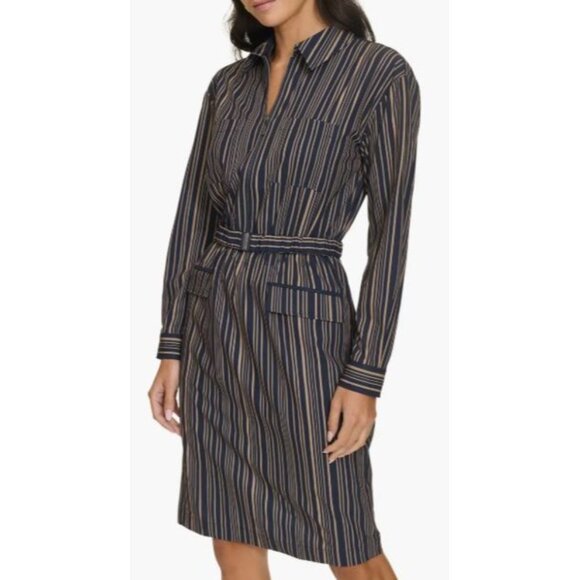 Calvin Klein Womens Black Tan Stripe Zip Up Collar Long Sleeve Sheath Dress Sz 4 - Picture 6 of 12